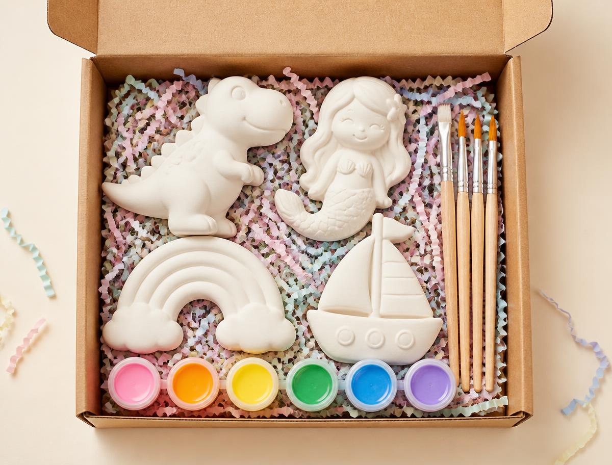 Big Imagination Box — open ceramic subscription box with unpainted figurines, brushes and paint pots