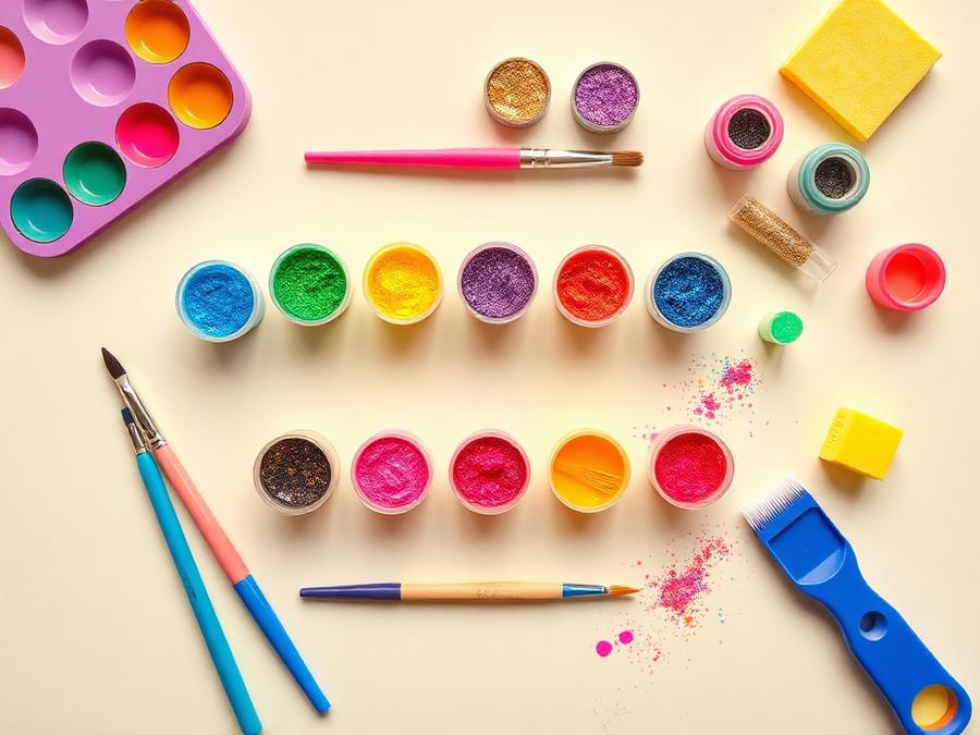 Sparkle Kit — paints, brushes and ceramic pieces laid out